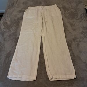 Ellen Tracy 100% Linen White Straight Leg Pants Sz. M Drawistring Beach Resort
